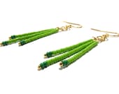 Green Fringe Earrings, Long Dangle Earrings, Green Beaded Earrings, Earrings with Green Beads, Fringe Hippie Earrings, Green Boho Earrings
