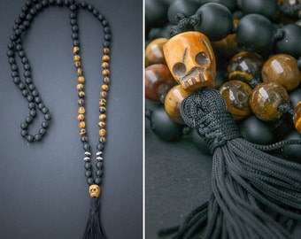 KALI MALA long necklace with a carved ox SKULL // skull pendant with tassel / lava beads // hindu mala 108 bead mala / Yoga Necklace