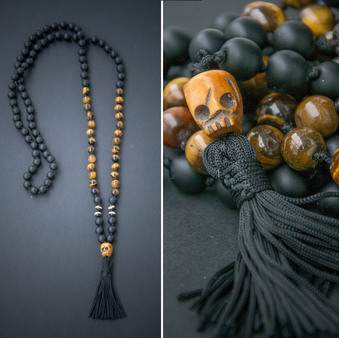 KALI MALA long necklace with a carved ox SKULL // skull