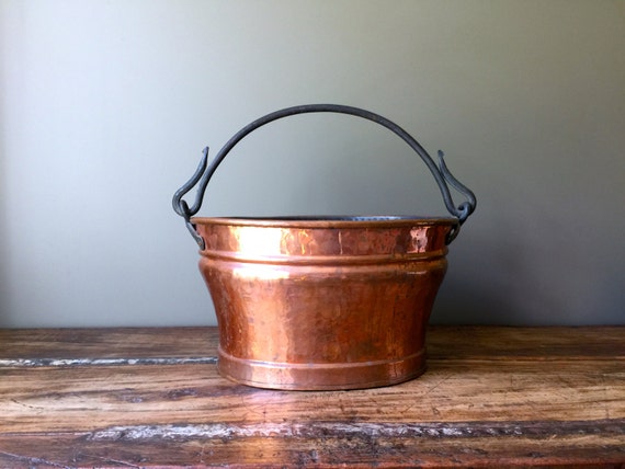 Antique Copper Bucket with Forged Metal Handle Farmhouse