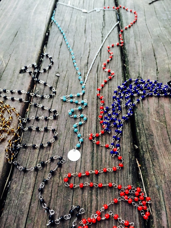 Items similar to Y-Shape Beaded Necklace with Silver Circle Disc ...