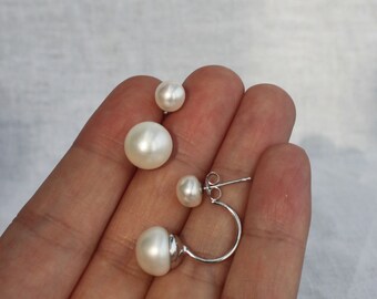 Double pearl earrings set wedding, floating earrings, real pearl studs, white earring pearl, bridesmaid stud, jewellery bridal earings
