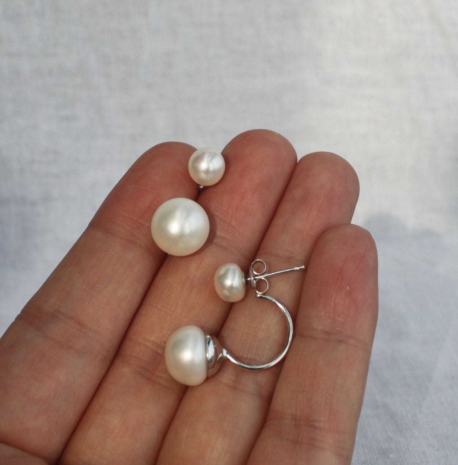 Double pearl earrings set wedding floating earrings real