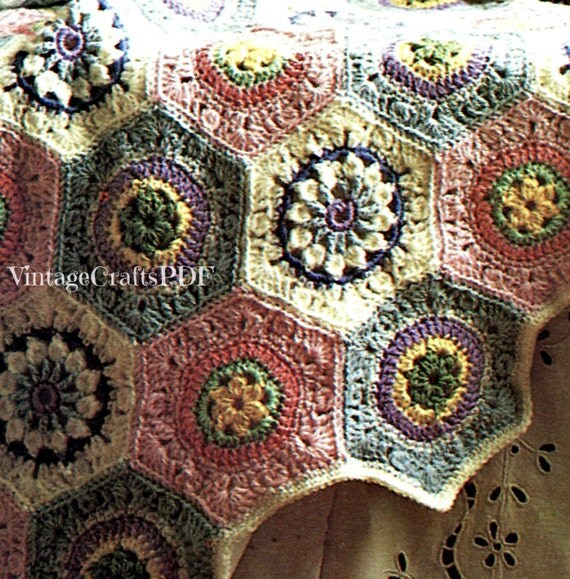 Afghan Crochet Pattern 70s Granny Square Hexagon by VintageBeso