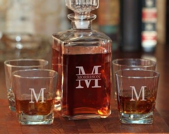 Whiskey Decanter and 4 Rock Glasses Set with Last Name & Single Initial - (g101-1210-2) - Free Personalization