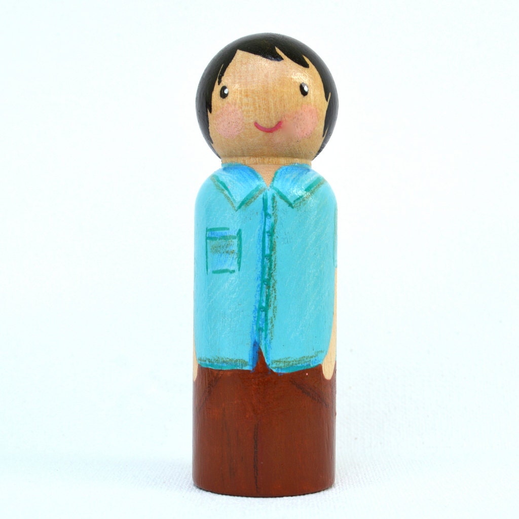 Peg boy in fancy blue shirt / Ready to ship / Hand by PegCouture