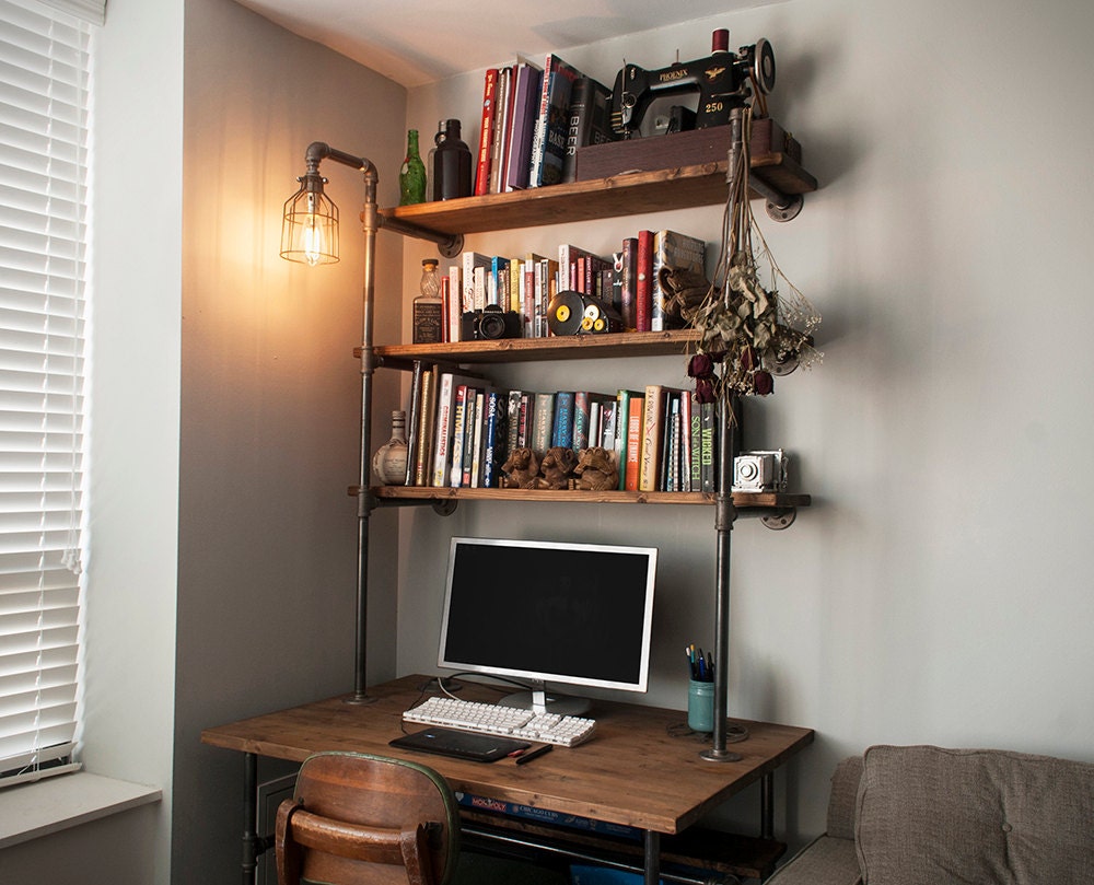 Industrial pipe desk with shelving unit and builtin lamp