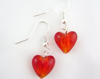 Red glass heart earrings, heart earrings, red earrings, red glass earrings, red heart earrings - sold in pair