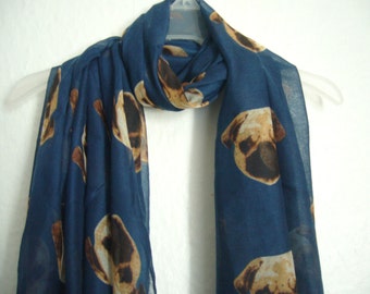 Navy Blue Pug Dog Scarf, Pug Dog Scarf, For Her, Spring Summer Scarf, Animal Scarf