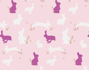 Pink Bunny Rabbit Cotton Fabric, Bunnies By the yard, Anna Elise, Art Gallery, Binkies Fluff Metallic Gold, Quilting Weight, By the Yard