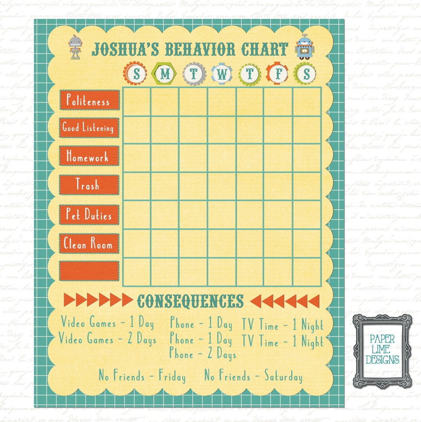 Chore Chart Behavior Chart Kids Chore Chart by PaperLimeDesigns