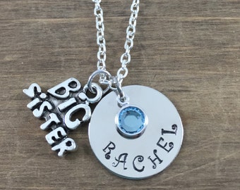 Big Sister Necklace - Personalized, Hand Stamped Sibling Necklace - Sister Name Necklaces - Birthstone Necklace