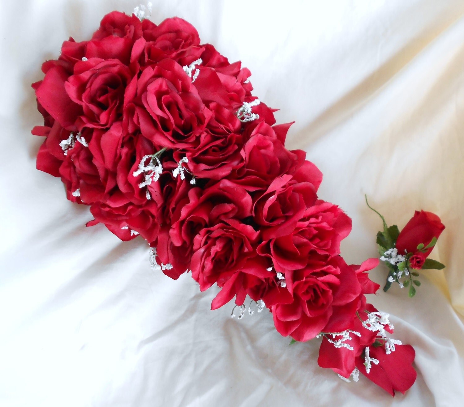 Silk Cascade All Red Roses Brides Bouquet Groom Boutonniere 