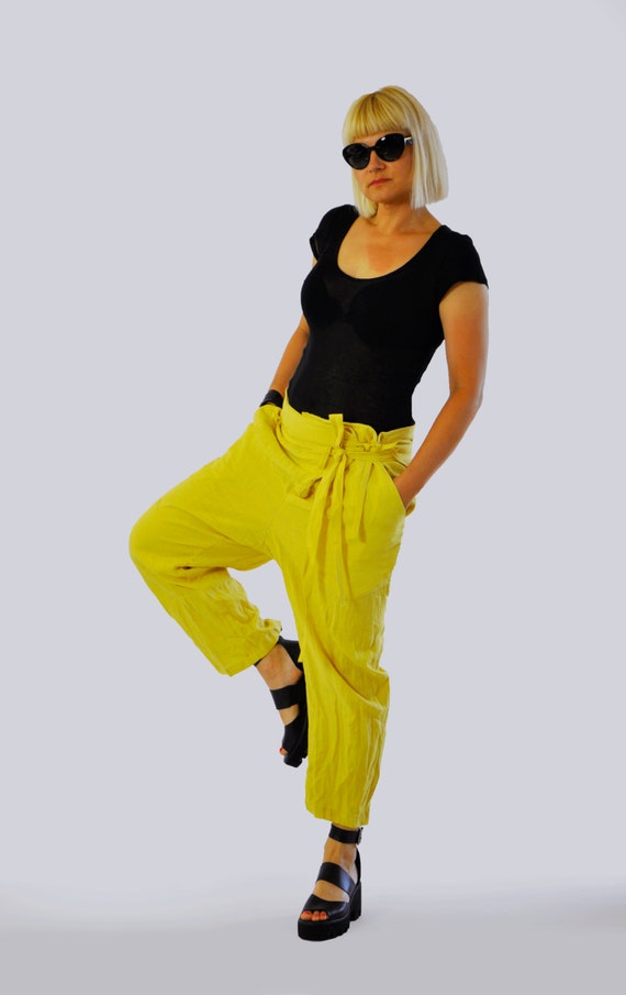 NEW Yellow Linen Pants/Casual Asymmetrical loose by Gabygaclothes