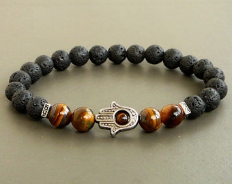 Hamsa Bracelet Black Lava Buddha Bracelet men lava bracelet, Hamsa Mens Bracelet, Hamsa Lava Men Bracelet, Black Lava Rock Bracelet, Buddha