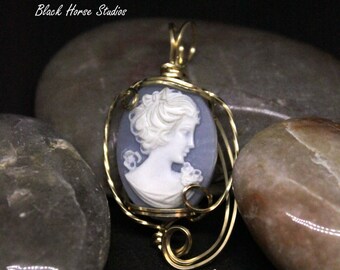 Blue Cameo with Sculpted Wire Pendant