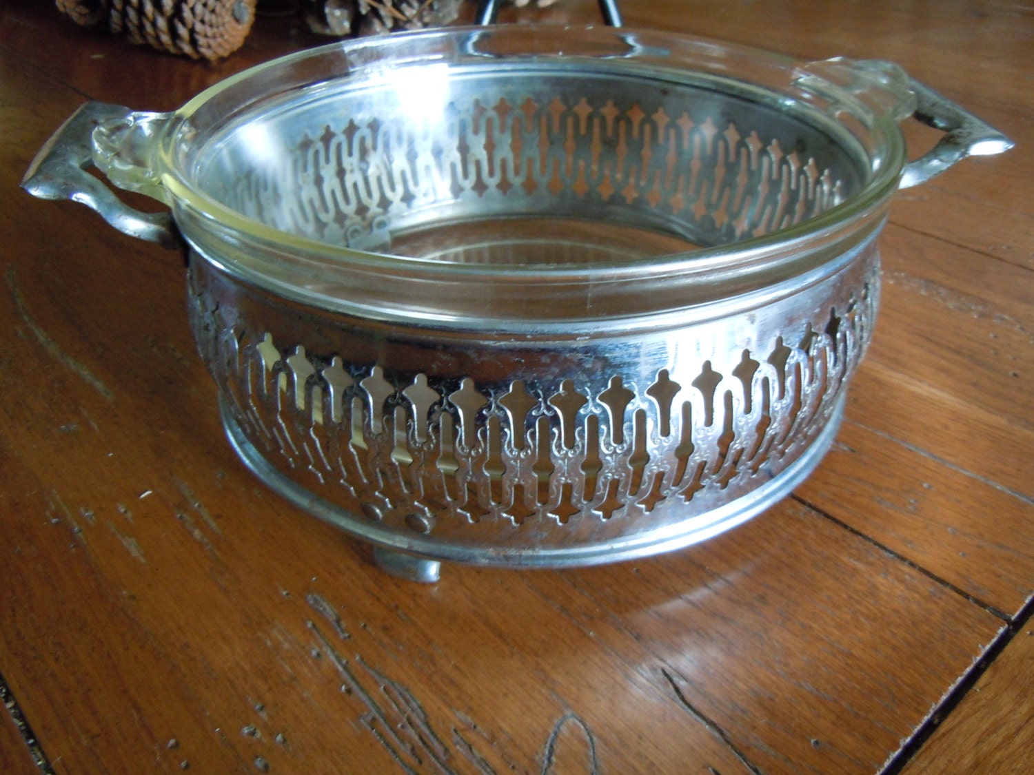 Vintage Pyrex Glass Casserole Serving Dish with Footed Metal Stand Decorative Mid Century or
