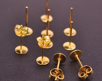 Gold Earring Studs--100 pairs 5mm Flat Pad Blank ,Gold Plated Earring Post With Back Stoppers Earnuts,5x12mm