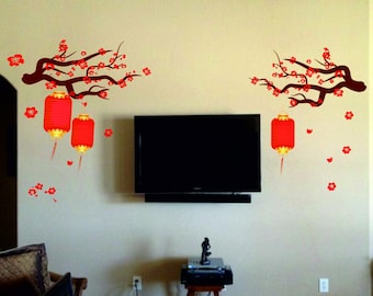 Chinese Lamp Wall Decal Kit - Reusable Vinyl Fabric - Repositionable Decal - Nursery Room Decals - Home Decor - Chinese Lamp On Tree Decal