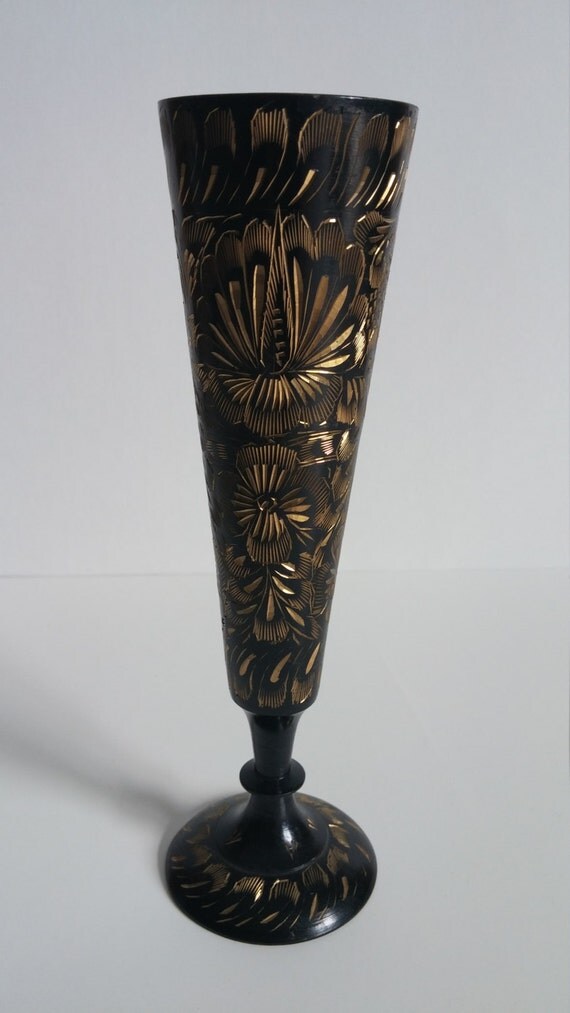 Vintage Gold Etched Brass Black Enamel Vase by CapeAndCongress