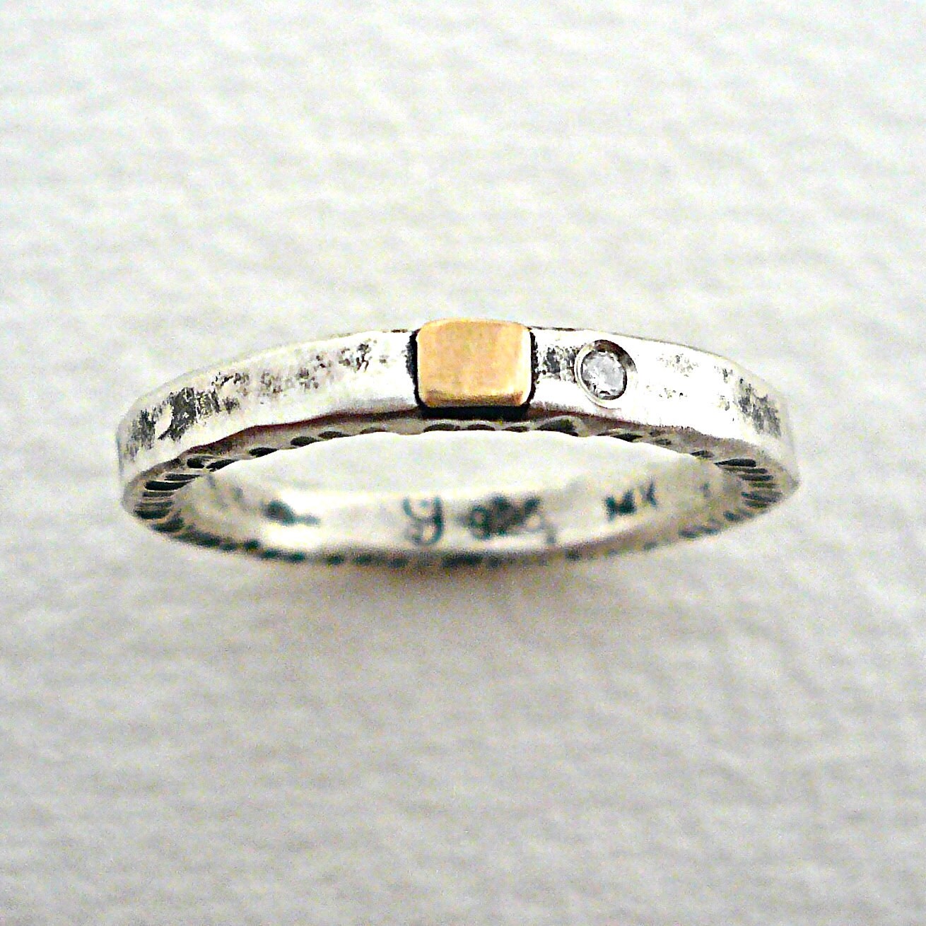 Thin Stackable Ring with Diamond // Sterling Silver and 14k