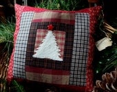 Christmas Pillow, Homespun Pieced Pillow Tuck, 10 Inch Square, Hand Appliqued White Pine Tree, Pillow Tuck, Primitive, Rustic, CIJ TeamHAHA