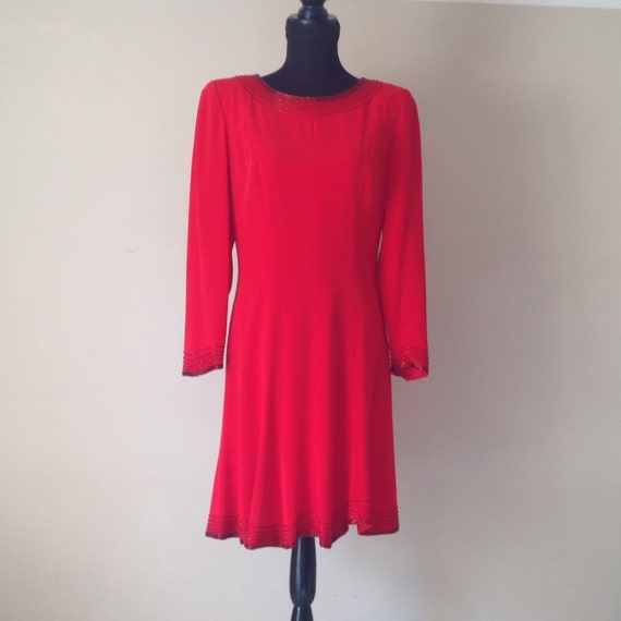 1980's Red Beaded Evening Dress-Niteline-Princess Seams-Bugle Beads ...