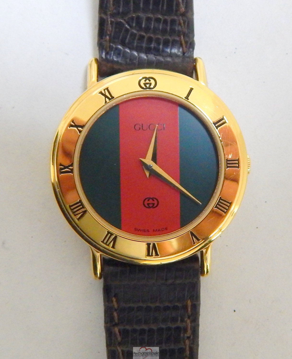 Gucci 3000L Red Green Stripe Dial Gold Watch by AwesomeResale