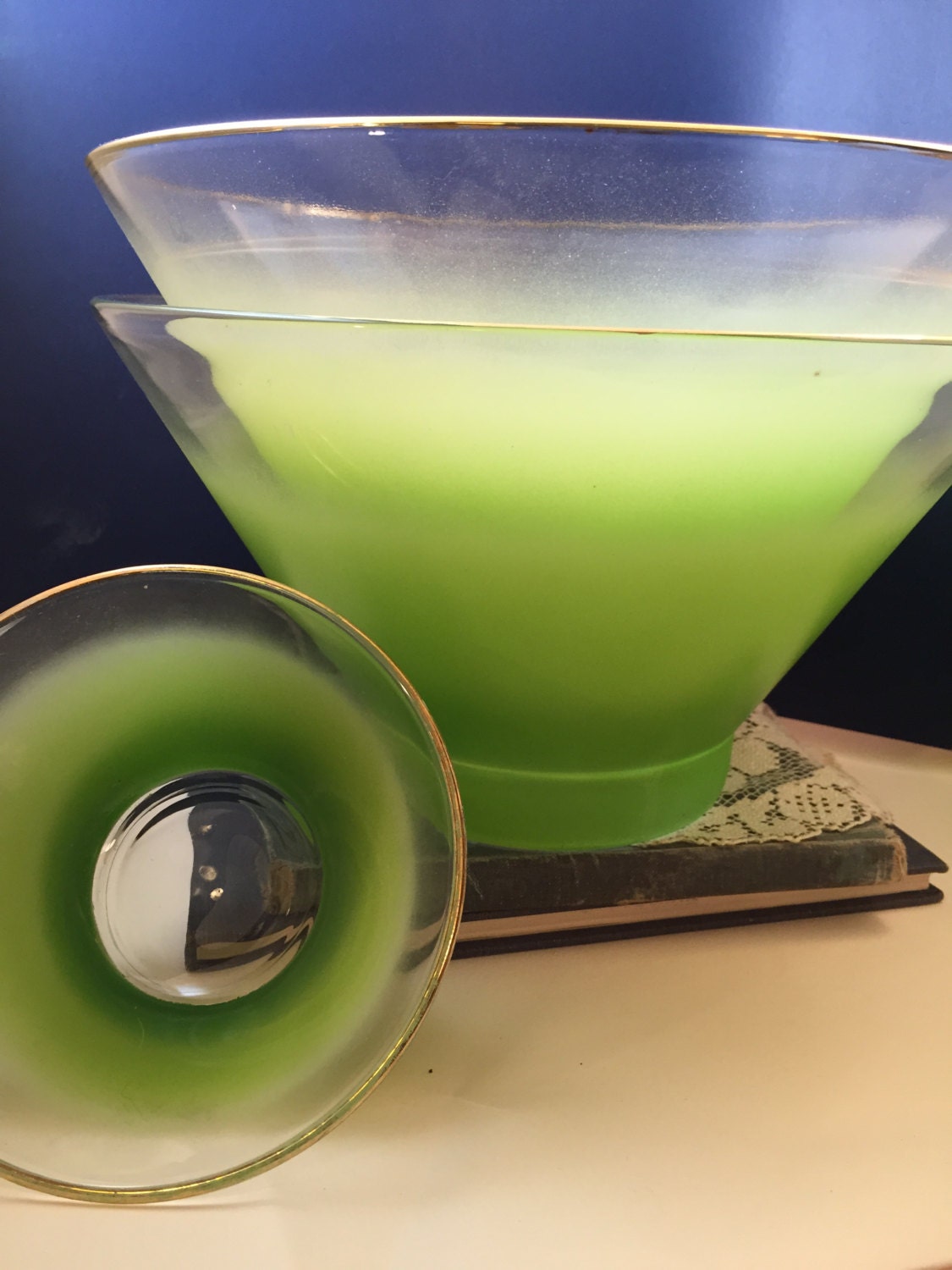 Vintage 1960s Large Green Glass Salad Bowl with Gold Rim (Set) Retro