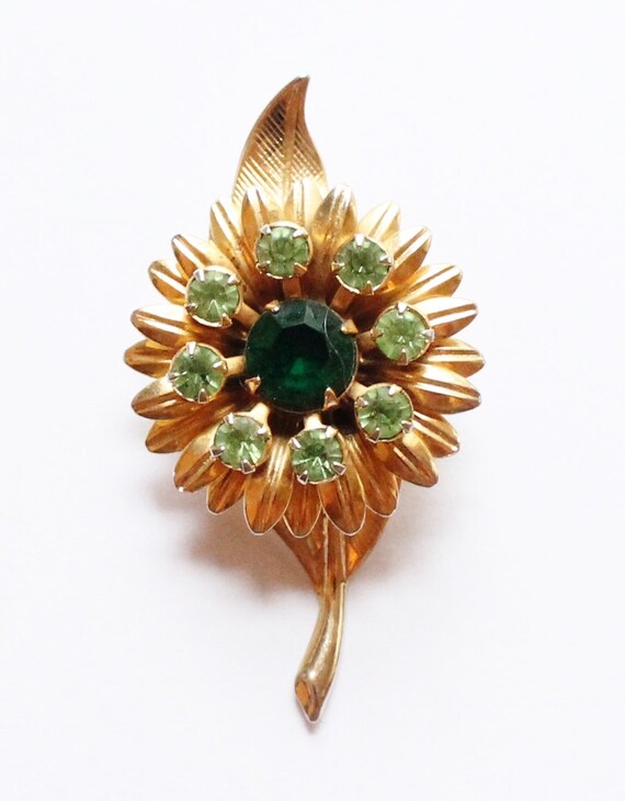 Vintage Gold Tone & Green Rhinestone Flower Brooch by paststore