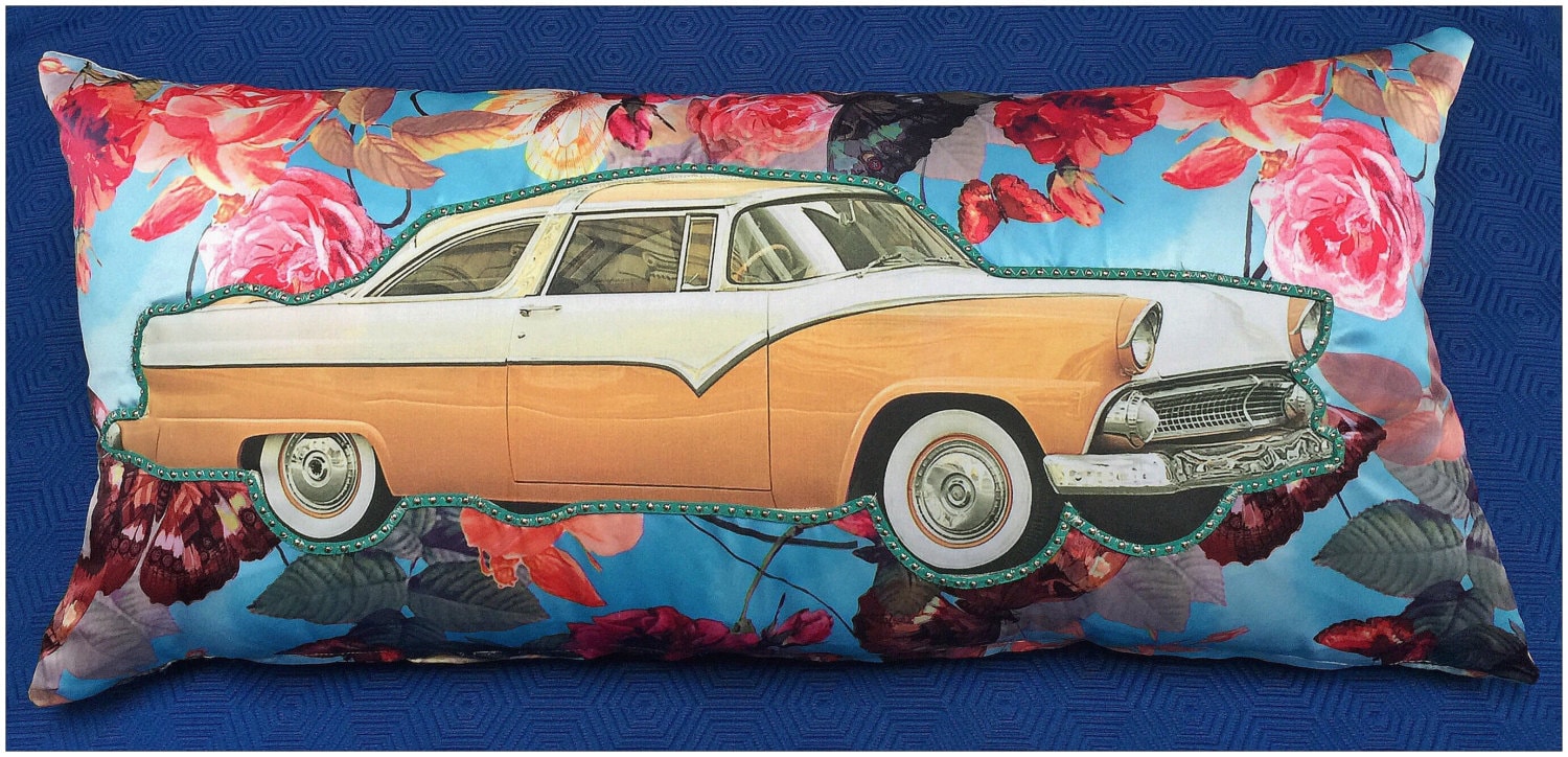 Large classic car throw pillow cover 26x13 multi