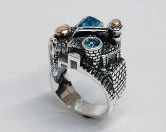 Jerusalem Ring, Silver jewelery 925, Blue Topuz Stons, By Yigal Avinoam