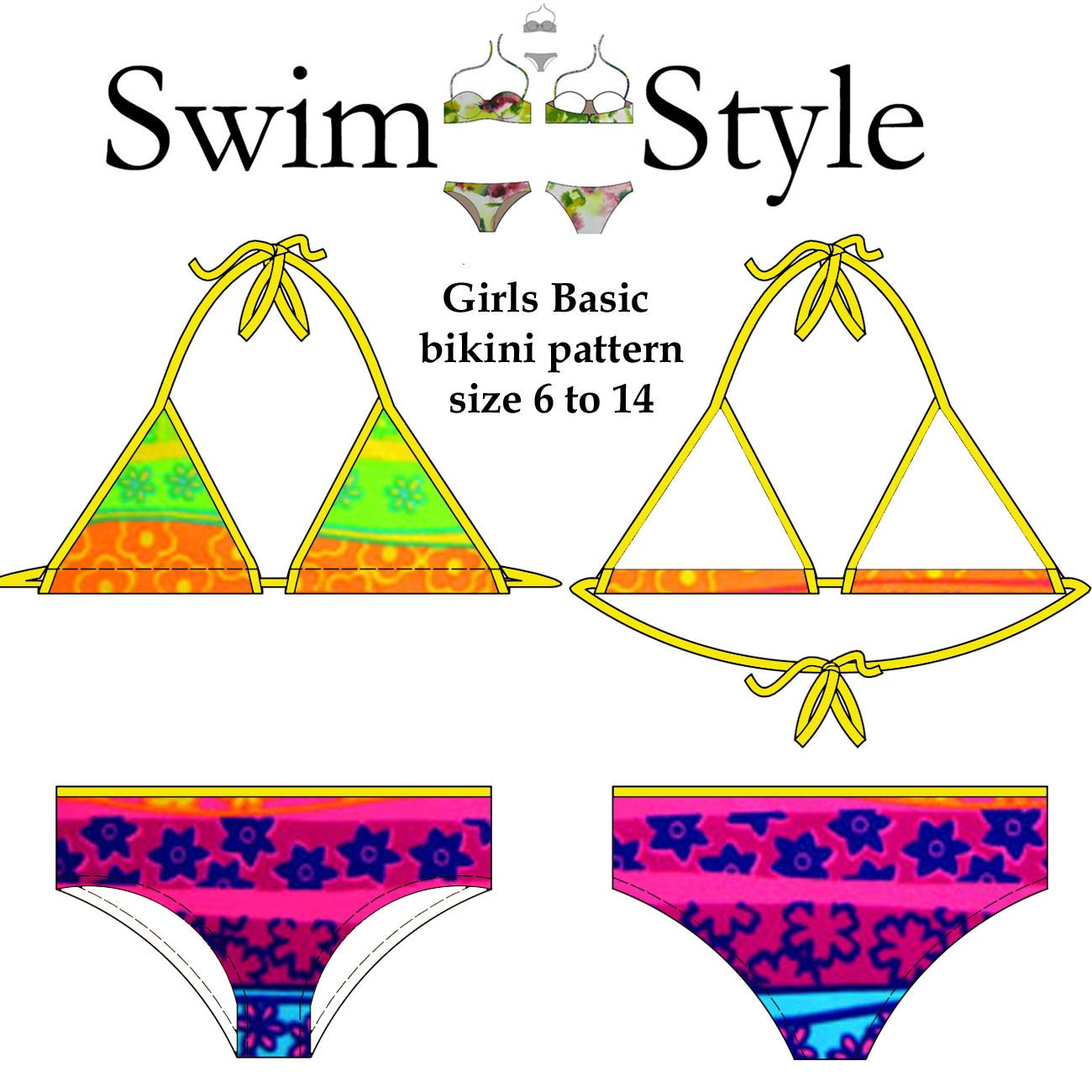 Girls Basic bikini pdf pattern size 6 to 14 by Swimstylepatterns