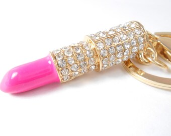 Pink Lipstick Crystal Bling Keychain, Rhinestone Purse Charm, Women's Handbag Charm, Car Accessories For Women, Bling Car Decor Accessory