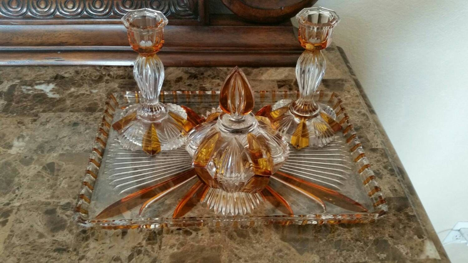 Vintage Flashed Amber Cut to Clear Crystal Dressing Table 4 piece set