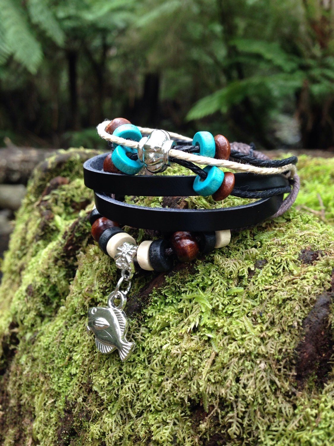 Unisex adjustable leather bracelet with twine beads and fish