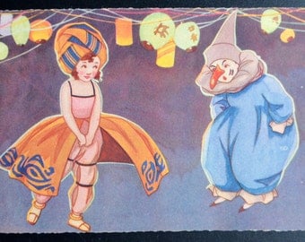 Clown with Girl Postcard Art Deco Postcard Artist Signed R.S. Italian Postcard Pochoir Postcard