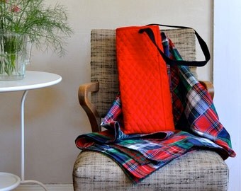 Picnic Blanket Patchwork & Red Quilted Fabric Carrying Case Shoulder Bag