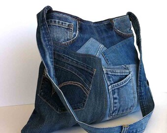 Recycled jeans tote bag upcycled denim handbag by Sisoibags
