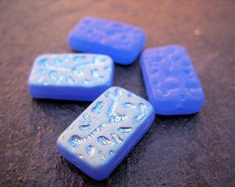 Azure Blue Czech Recrangle Beads with Abstract Design - B-8007