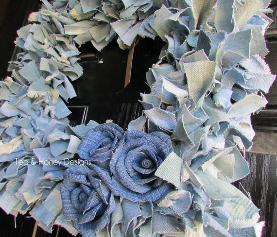 Denim Rag Wreath Flowers Rustic Decor Upcycled Square 16