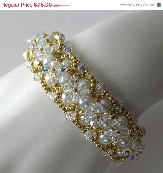 ON SALE Crystal and white pearl cuff by PacificJewelryDesign