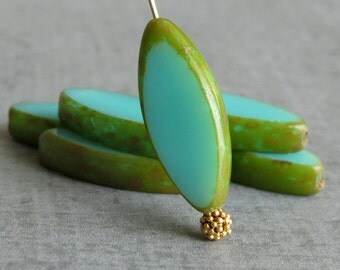Green Turquoise Picasso 17mm Czech Glass Spindle Bead : 6 pc Turquoise Long Oval Bead