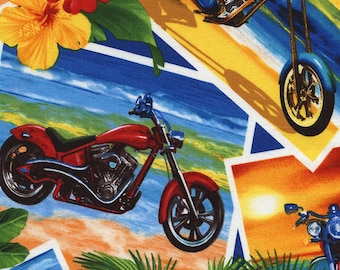 Motorcycle Fabric Summer Tropical Postcards with Motorcycles on the Beach Tropical Flowers Tropics By the yard