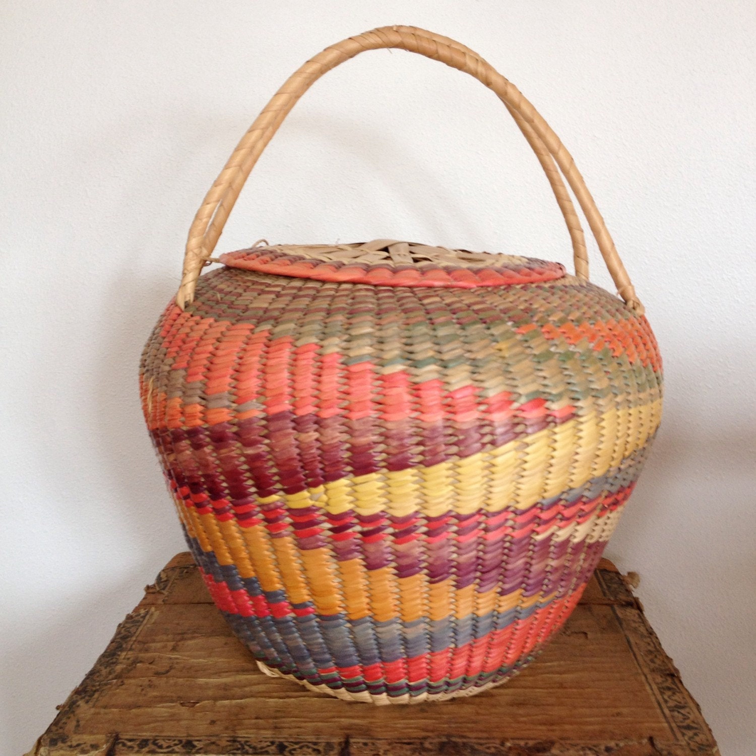 Vintage Handwoven Basket On Sale. Large Lidded Mexican Woven