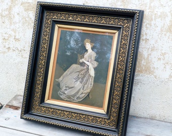 Vintage Antique 1888 French Napoleon III /Victorian deep black wood Gilted /portrait of a lady inside