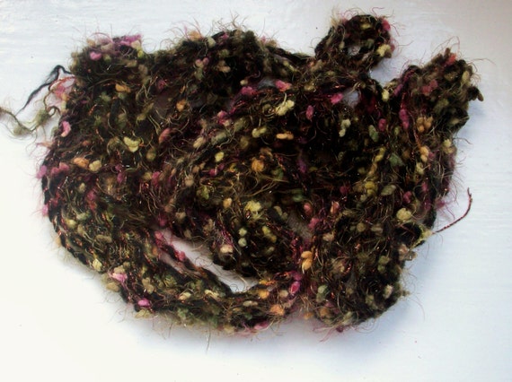 Unique handspun vegan art yarn, supersoft, fun, black, olive green, burgundy, copper by SpinningStreak