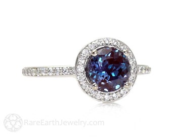 Alexandrite Engagement Ring Alexandrite Ring Diamond Halo June Birthstone 14K or 18K Gold Gemstone Ring