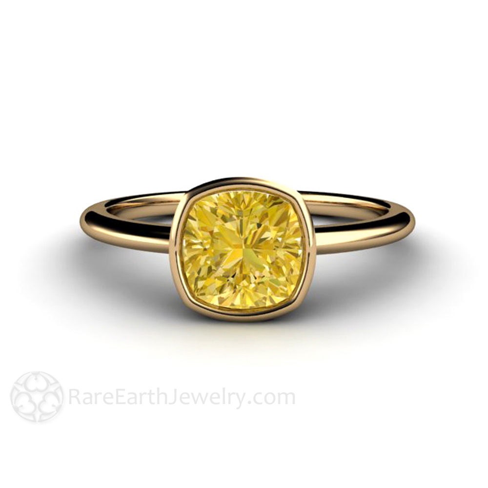 Yellow Moissanite Engagement Ring Cushion Bezel Solitaire