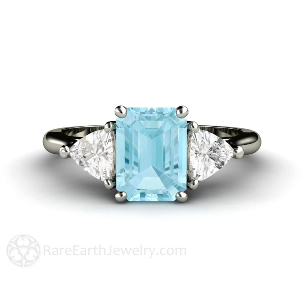Aquamarine Ring Aquamarine Engagement Ring 3 Stone Emerald Cut